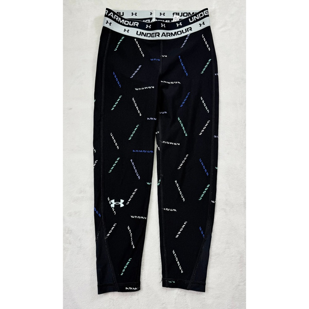 Under Armour Kids HeatGear Logo Print Leggings Black Teal Blue YMD JM M